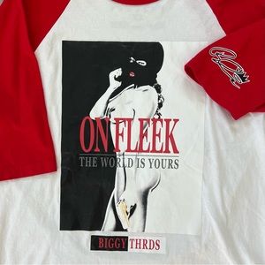 NWOT Biggy Threads Shirt Red Black and White Baseball Tee, size XL